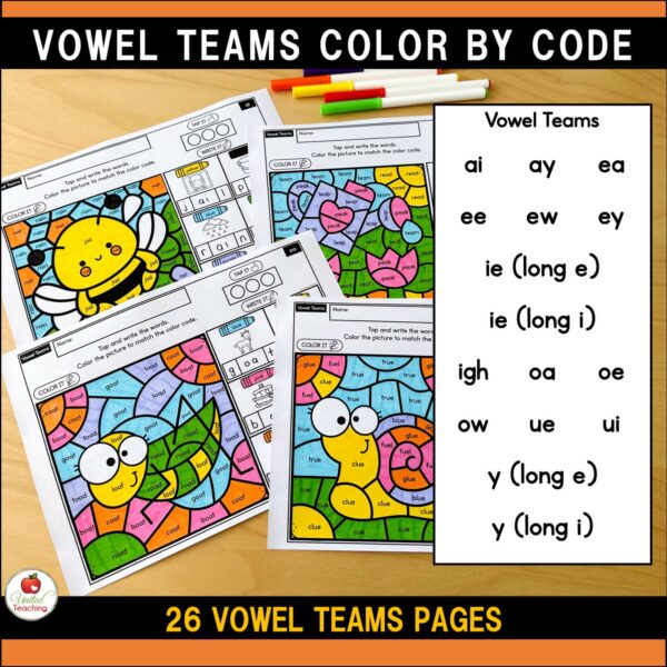 Vowel Teams Color by Code Spring Worksheets Vowel Teams List