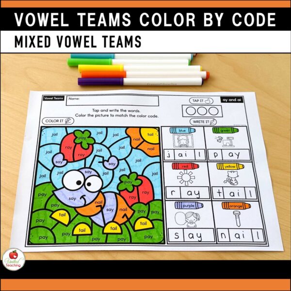 Vowel Teams Color by Code Spring Worksheets Mixed Vowel Teams Worksheet