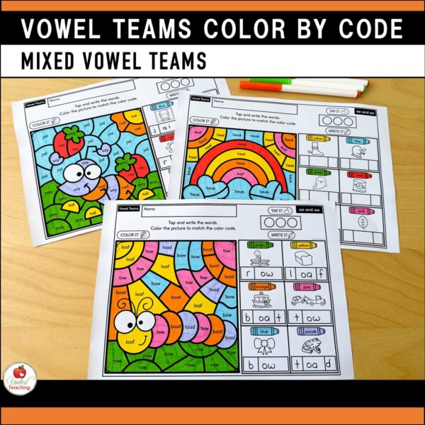 Vowel Teams Color by Code Spring Worksheets Mixed Vowel Teams