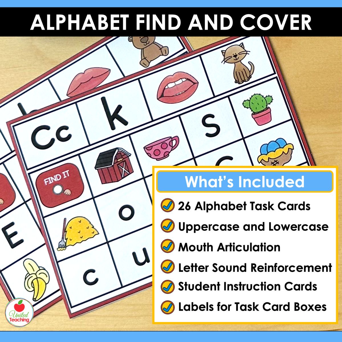 What's included in the Alphabet Find and Cover Task Cards Packet