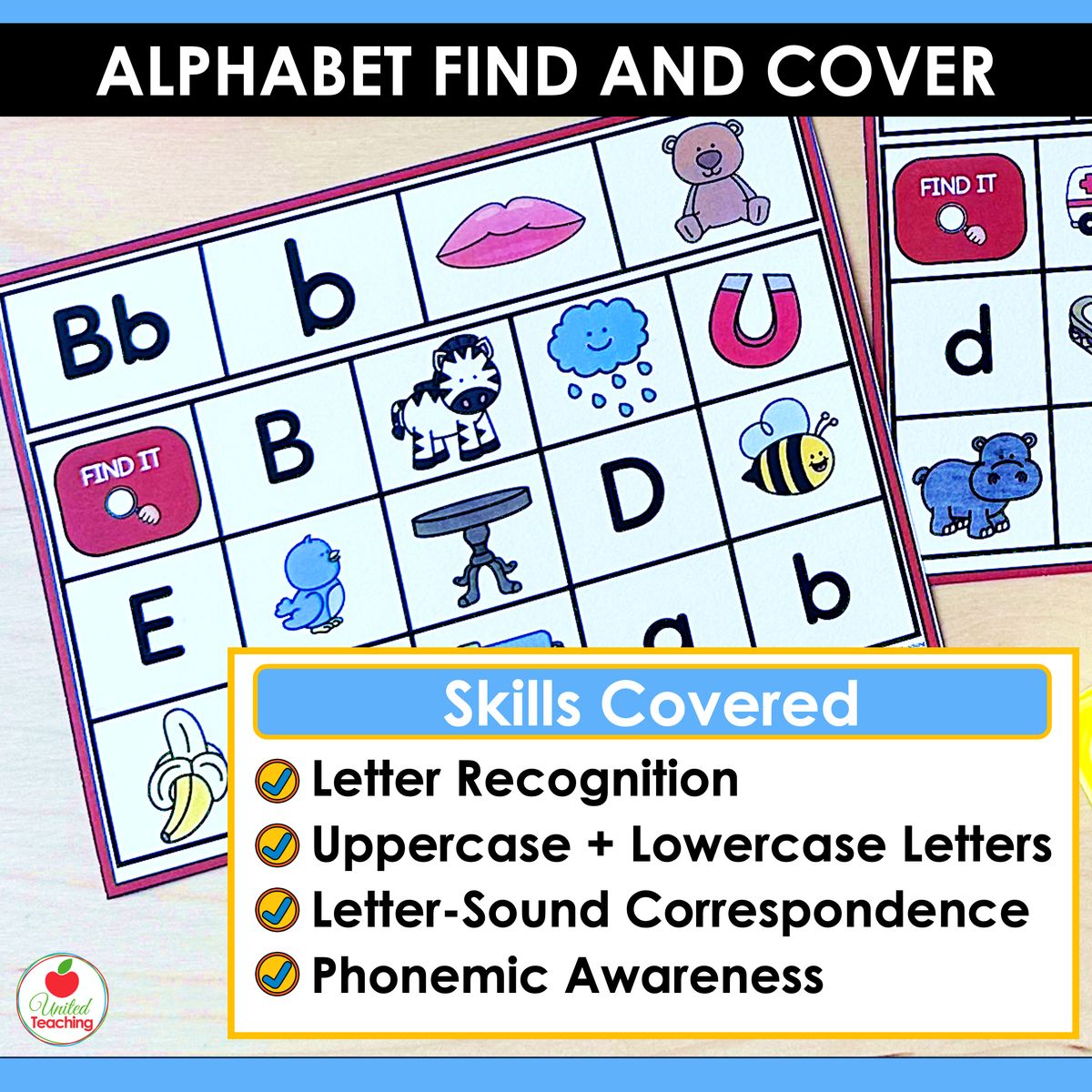 Skills worked on by the Alphabet Find and Cover Task Cards