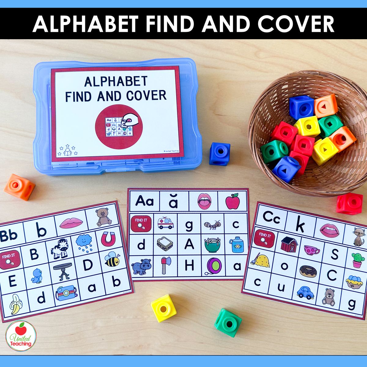 Alphabet Find and Cover Task Cards for letter matching and beginning sound identification