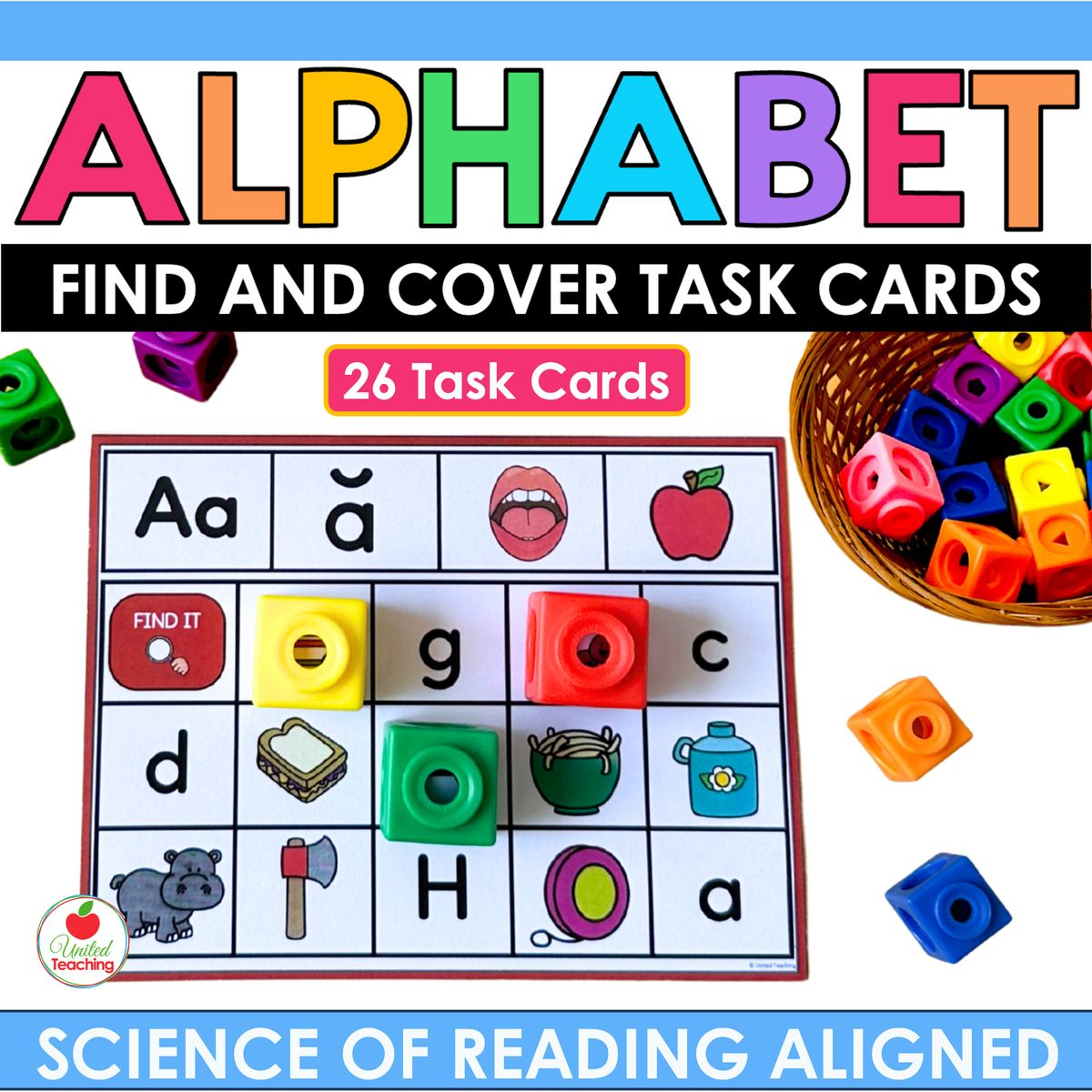 Alphabet Find and Cover Task Cards for Letter Matching and Beginning Sounds