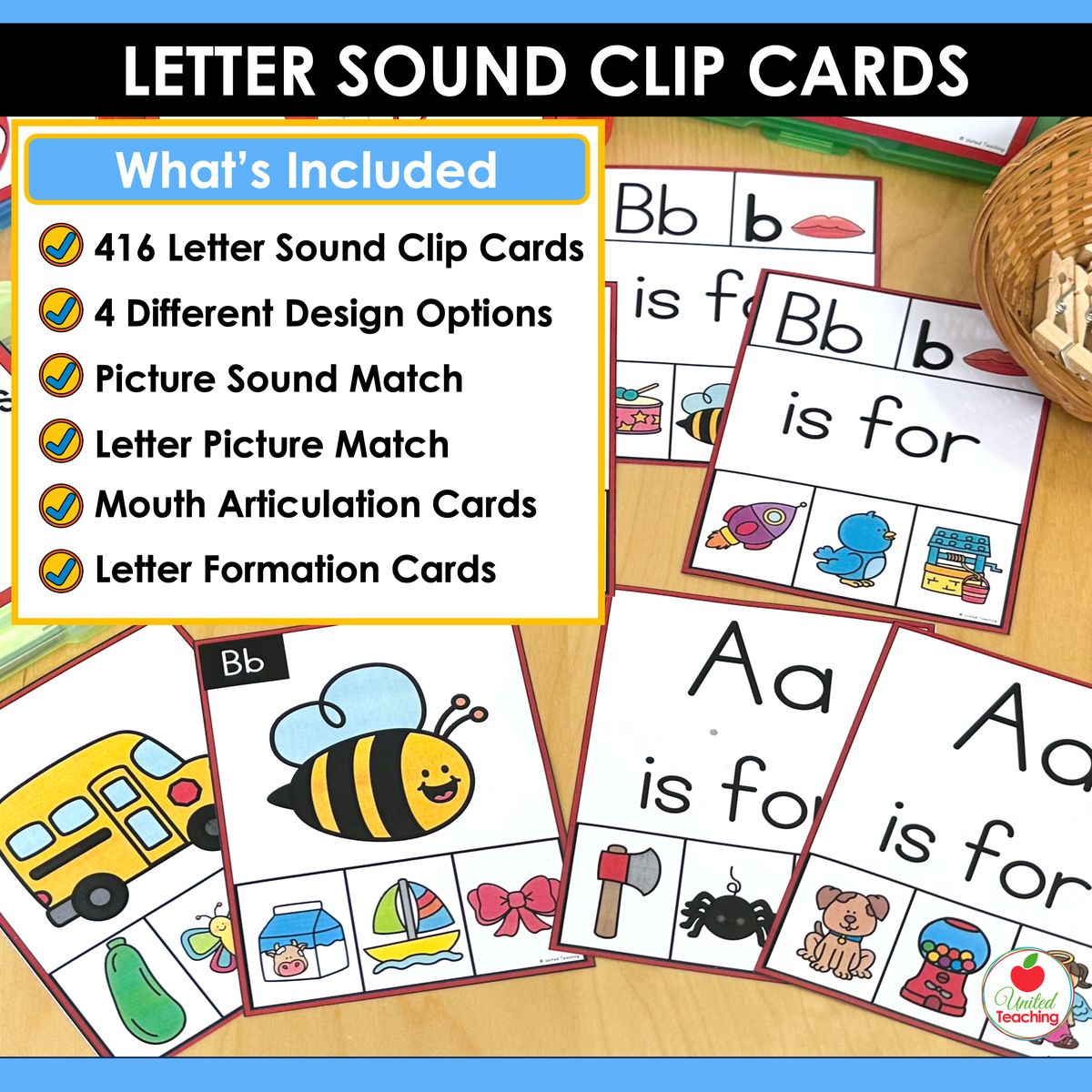 What's included in the Alphabet Beginning Sound Letter Clip Cards Bundle
