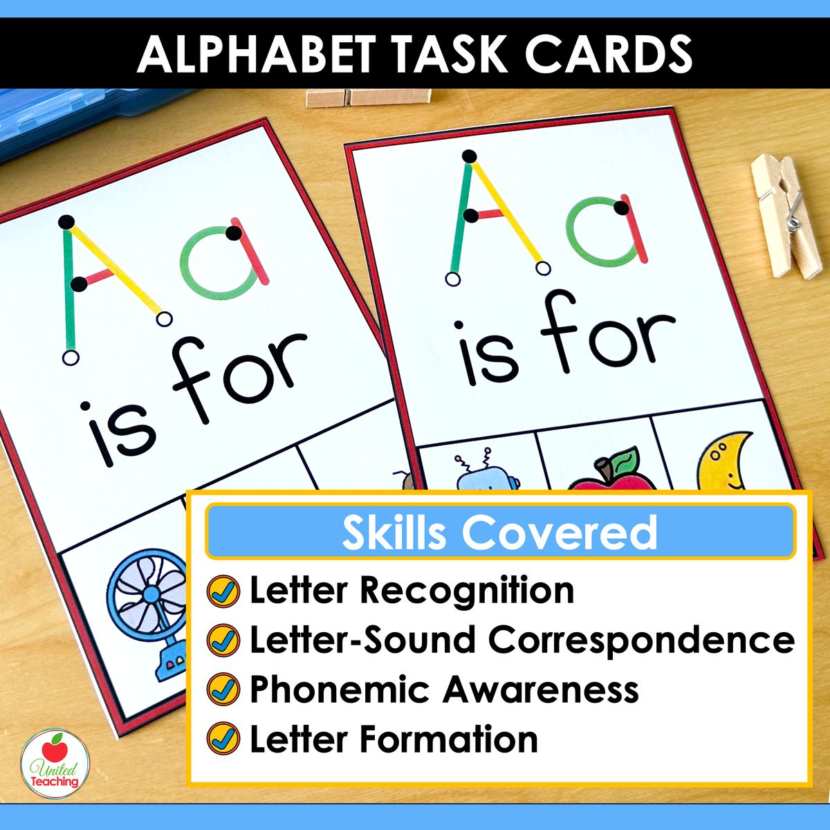 Skills covered by the Alphabet Beginning Sound Letter Clip Cards