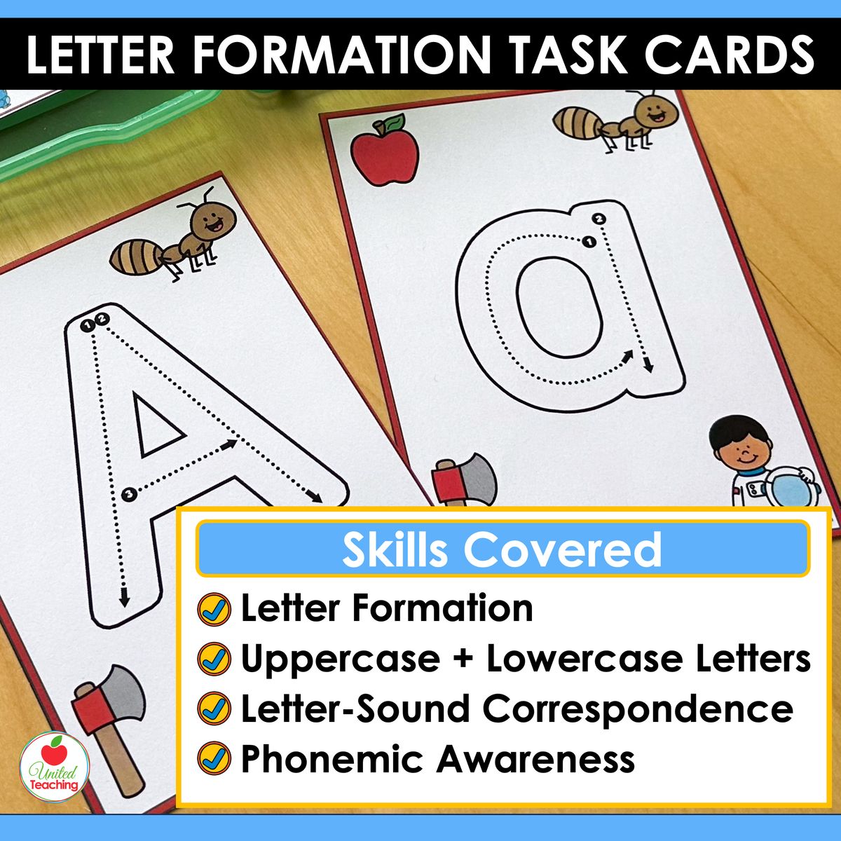 Skills worked on by the Alphabet Letter Formation and Tracing Task Cards