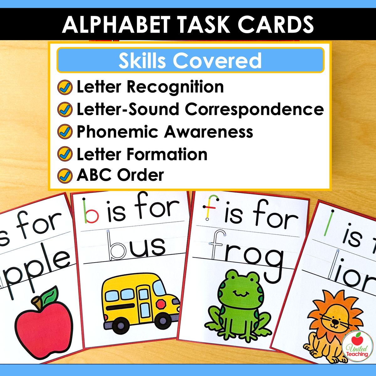 Skills covered by the Alphabet Letter Task Cards Bundle