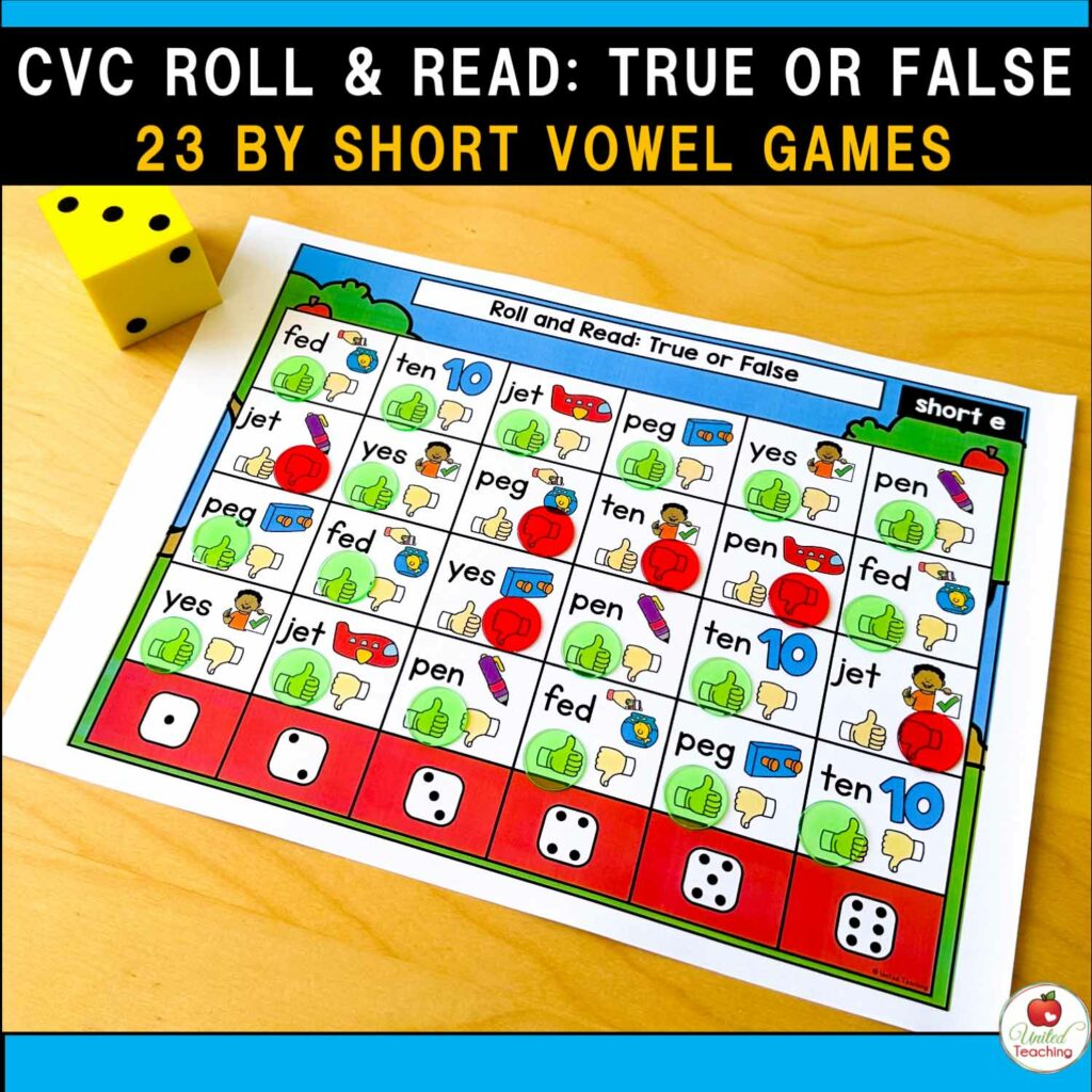 Cvc words true or false roll and read games packet united teaching