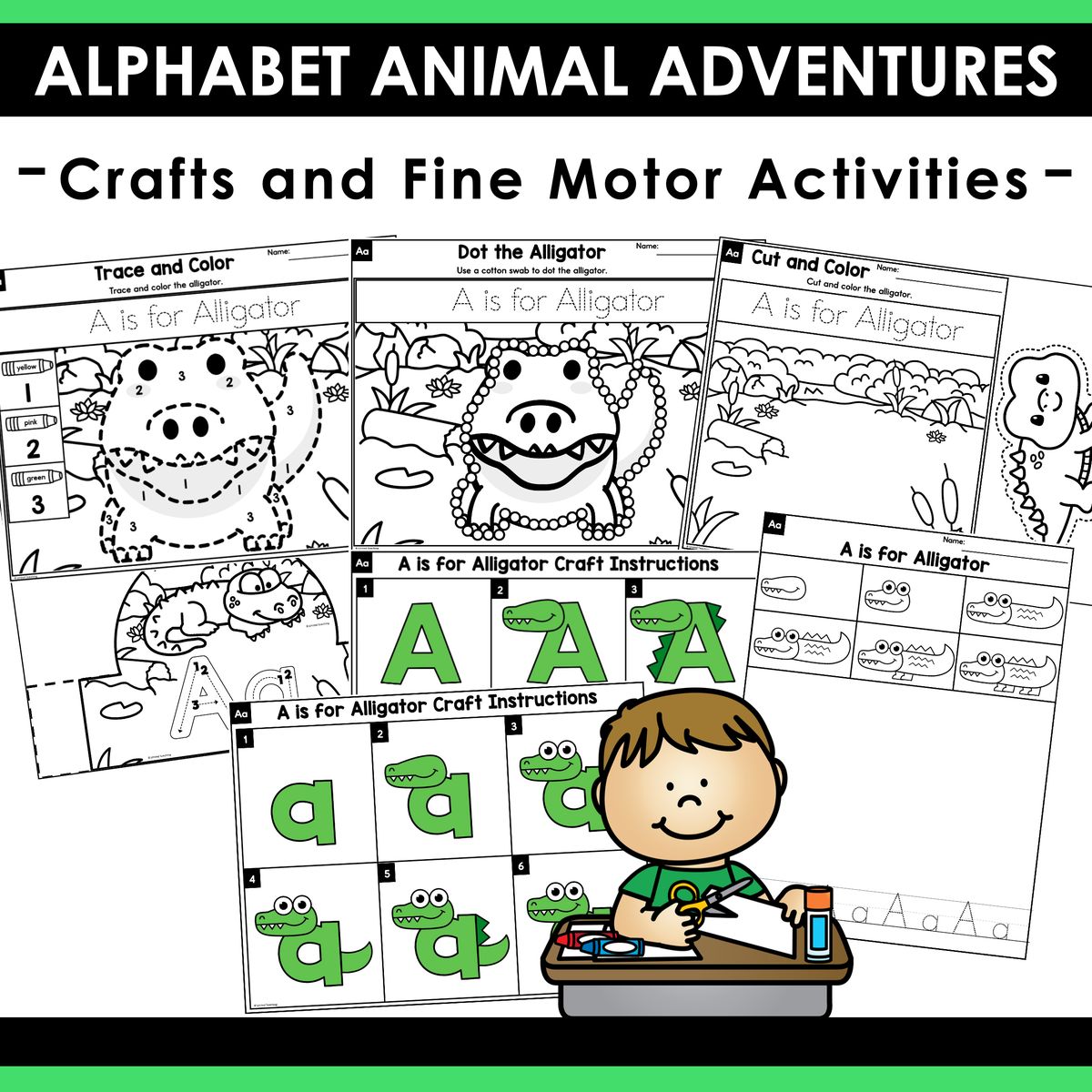Alphabet Animal Adventures Letter A Crafts and Fine Motor Activities