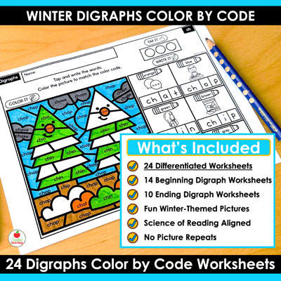 What's included in the Digraphs Winter Color by Code Worksheets