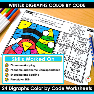 Skills worked on by the Digraphs Winter Color by Code Worksheets