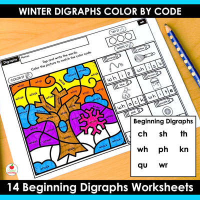 Beginning digraphs targeted by the Digraphs Winter Color by Code Worksheets