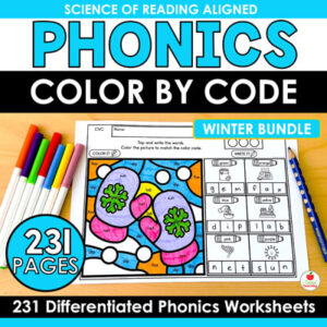 Phonics Winter Color by Code Worksheets Bundle