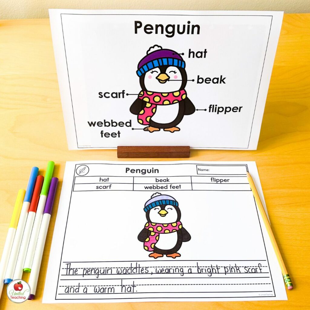Labeling a Penguin Sentence Writing Worksheet with word bank and Poster