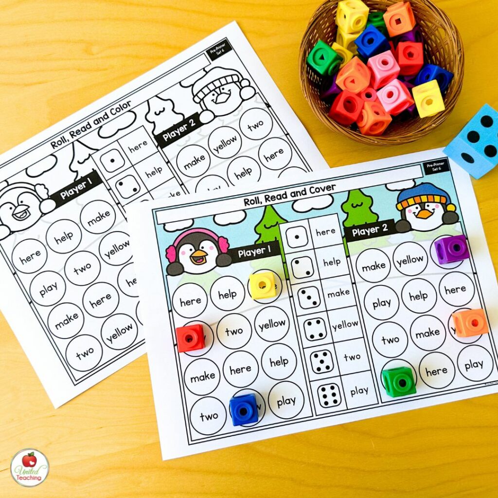Roll Read and Cover Winter Sight Word Partner Games and Worksheets