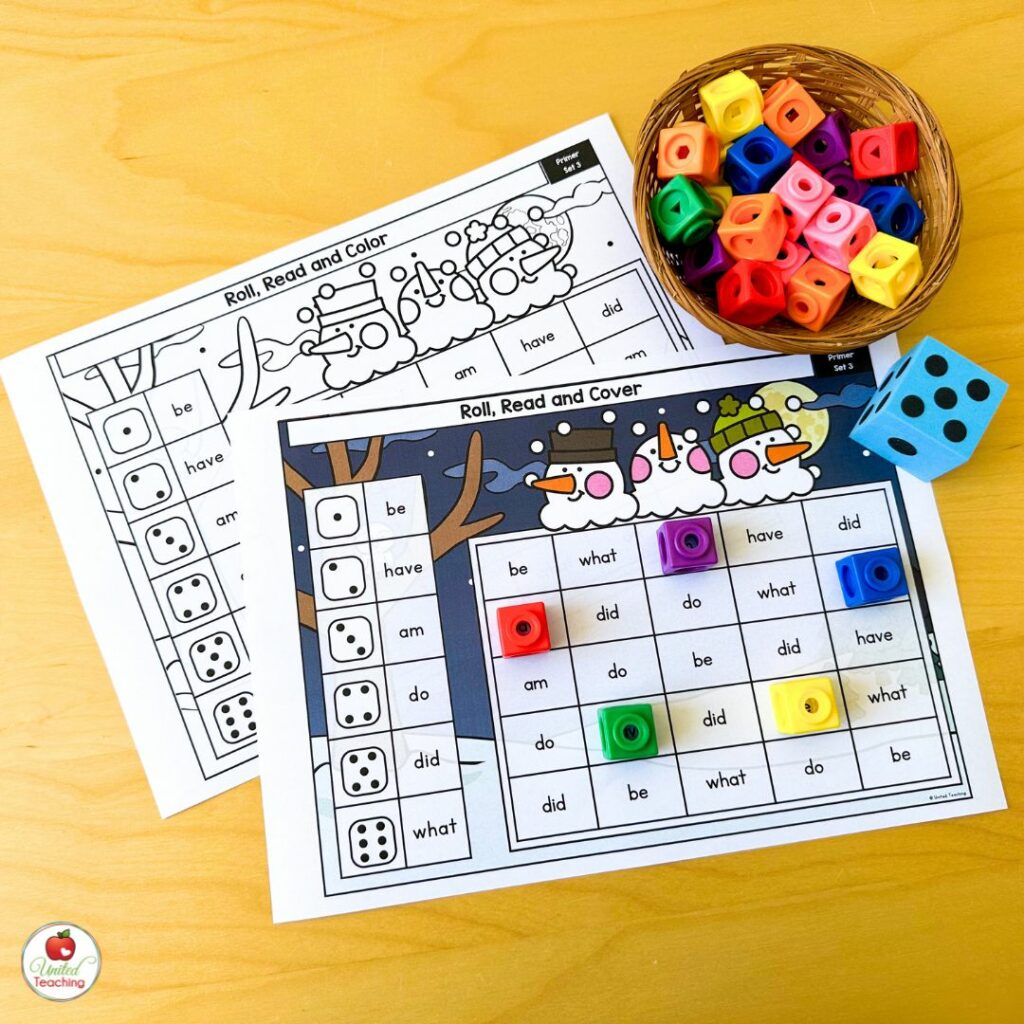 Winter snowman roll read and cover sight word games