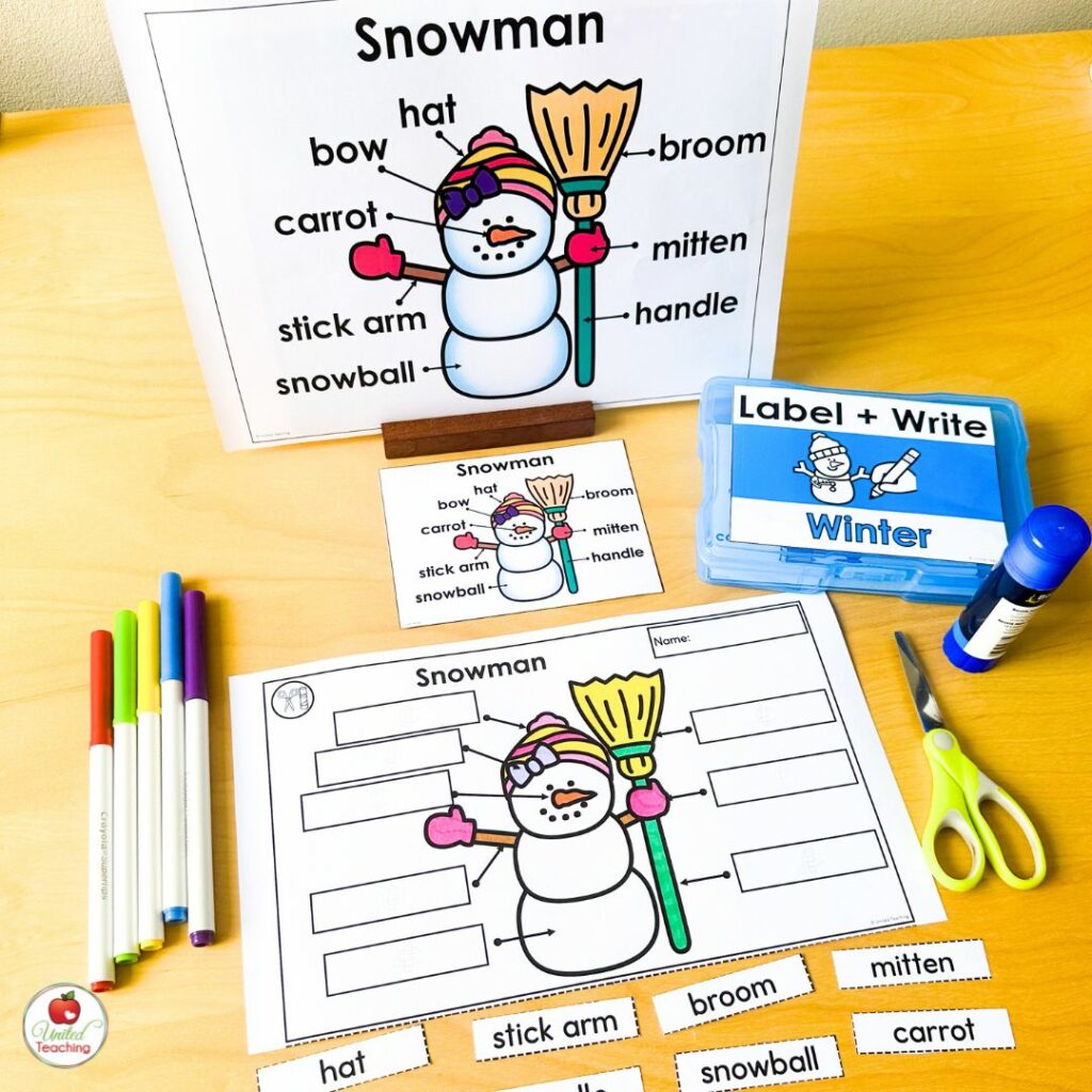 Label the Snowman cut and paste worksheet with poster and task card