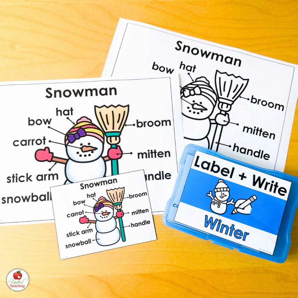 Winter Picture Labeling Posters and Task Cards for a Snowman