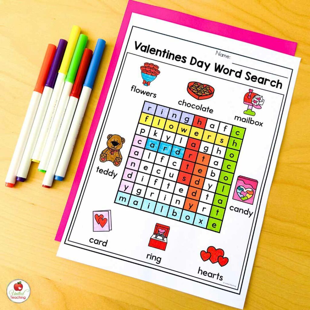 Valentine's Day Word Search for kindergarten classroom