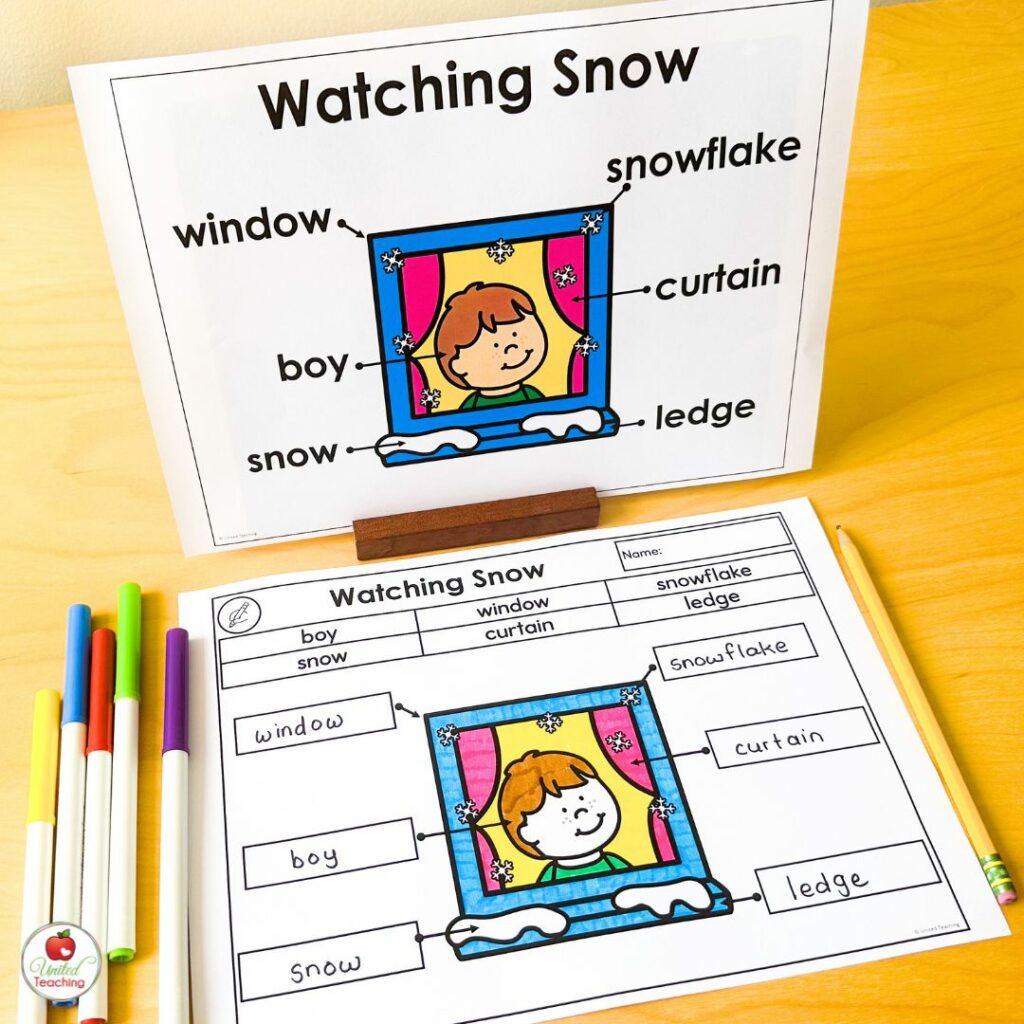 Watching Snow Picture Labeling Worksheet with Poster