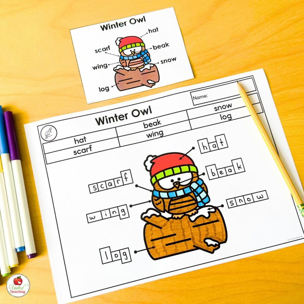 Winter Owl Labeling Worksheet with wordboxes to support handwriting skills