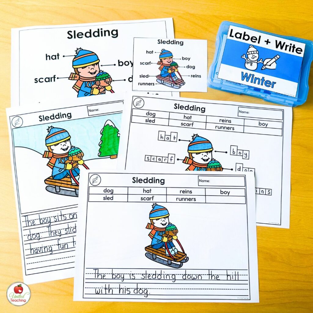 Winter Picture Labeling Differentiated worksheets with poster and task cards for supporting writing and vocabulary