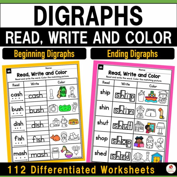 Digraphs Read Write and Color Worksheets Packet Cover