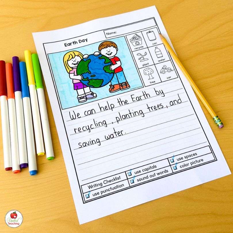 Earth Day writing worksheet with picture to color