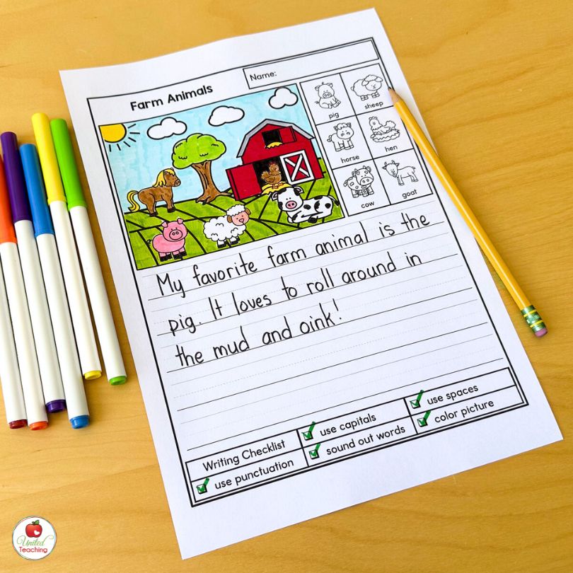 Farm animals picture writing prompt with word bank and writing checklist