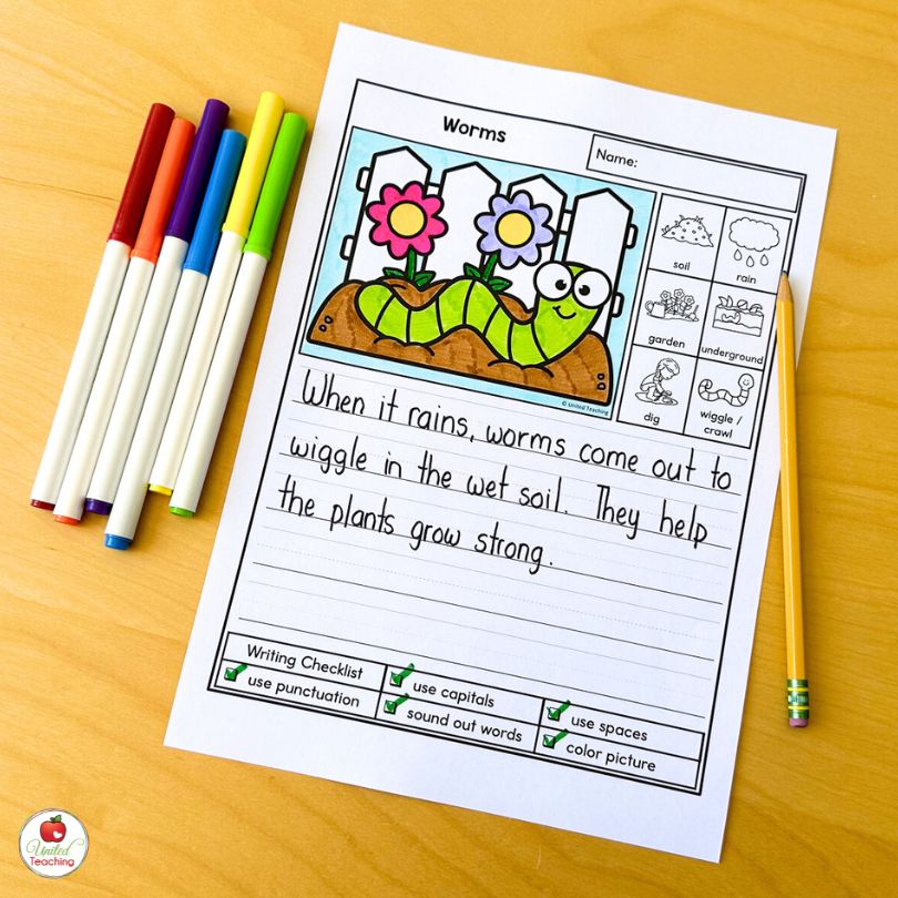 Garden work picture writing activity for spring