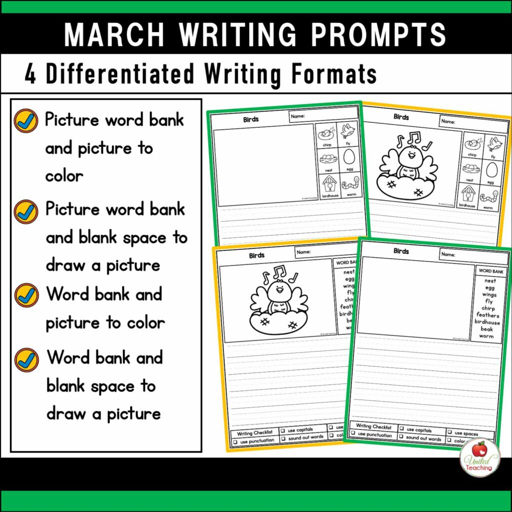 Differentiated writing prompt formats for March