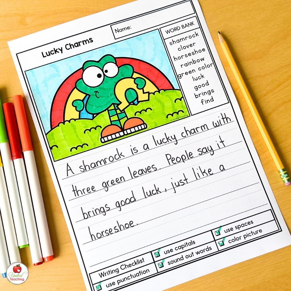 Lucky Charms March Writing Prompts with a picture of a shamrock to color