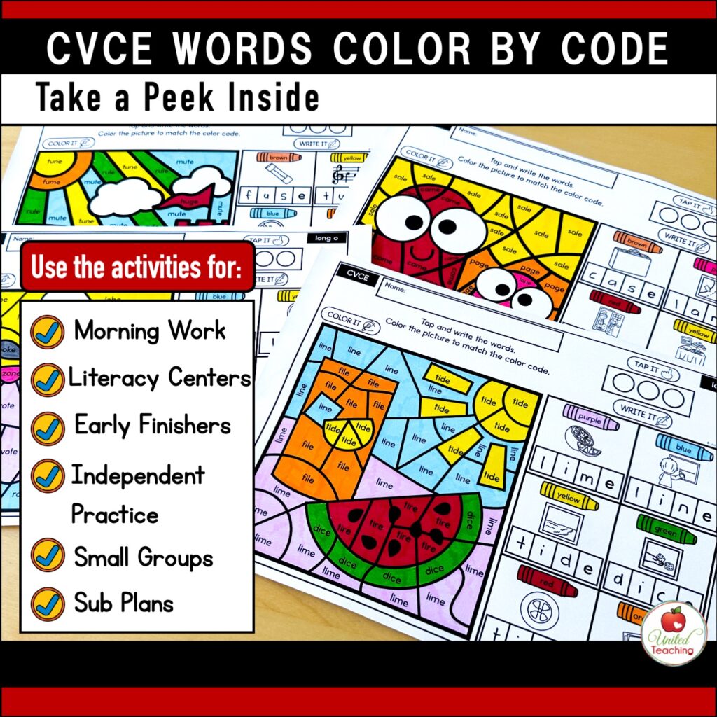 CVCE Words Color by Code Summer Worksheets Packet - United Teaching