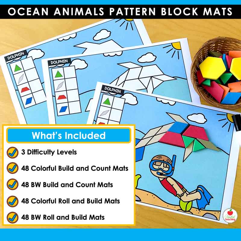 What's included in the Ocean Animals Pattern Blocks Mats