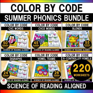 Phonics Color by Code Summer Worksheets Bundle