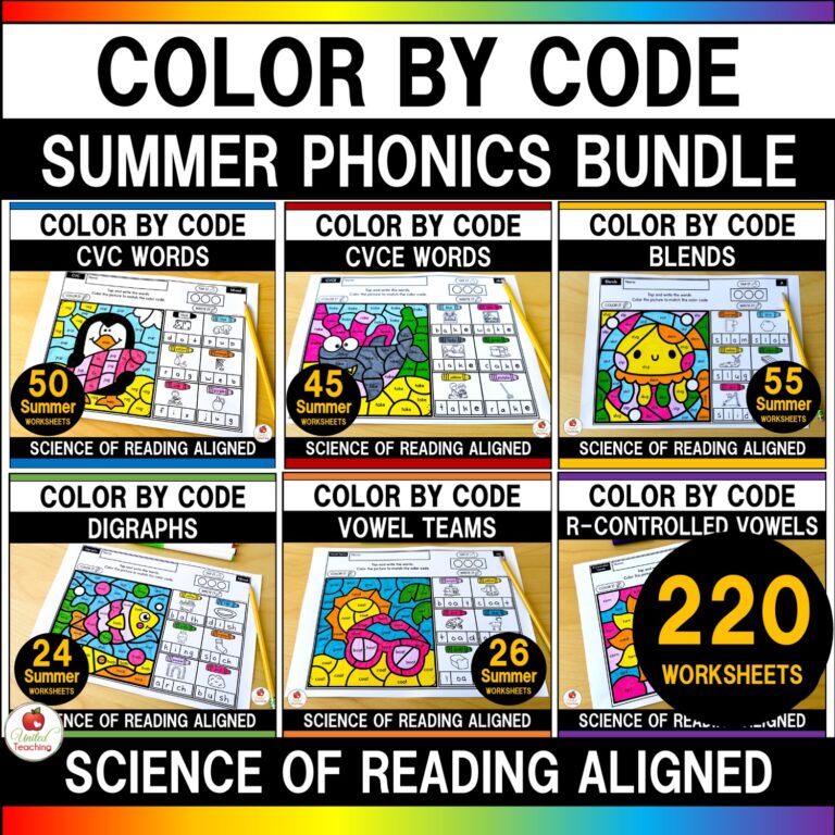 Phonics Color by Code Summer Worksheets Bundle