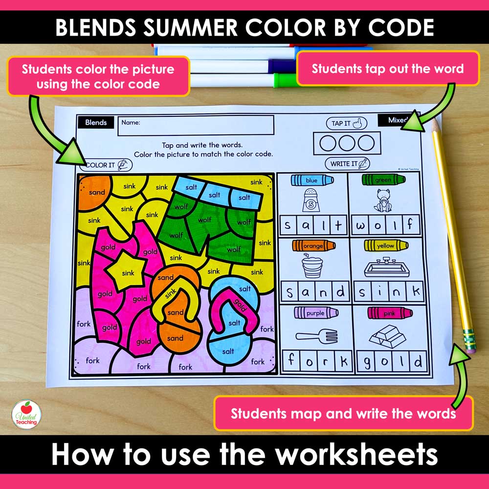 Blends Summer Color by Code Worksheet features