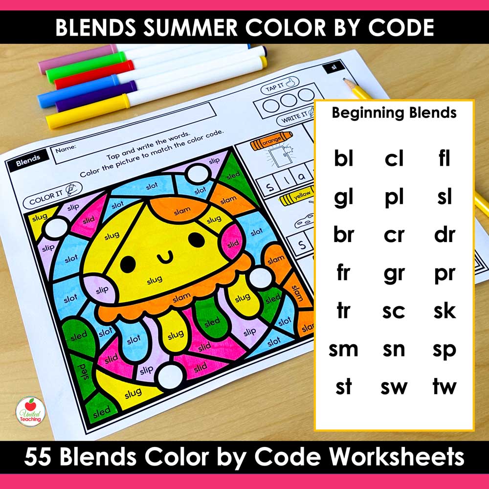 Beginning blends covered by the Blends Summer Color by Code Worksheets