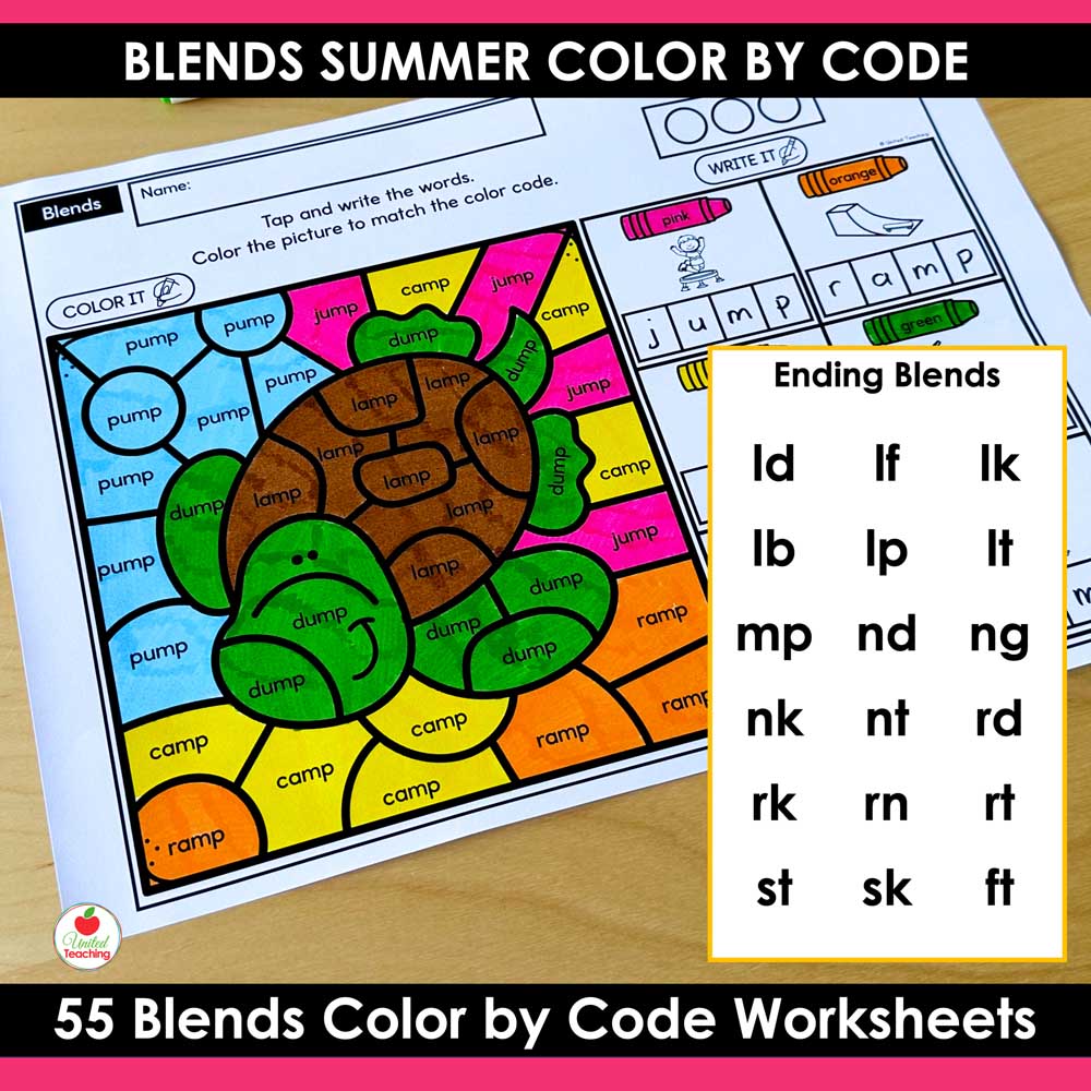 Ending blends covered by the Blends Summer Color by Code Worksheets