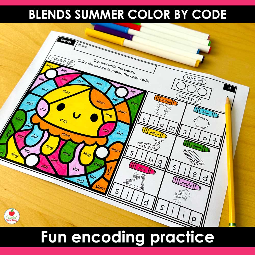 Blends Summer Color by Code Worksheet
