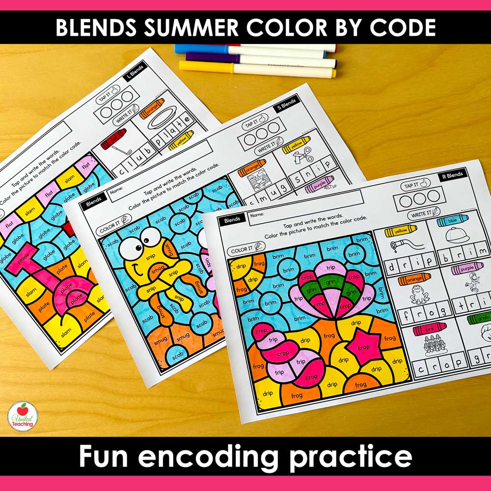 Blends Summer Color by Code Worksheets