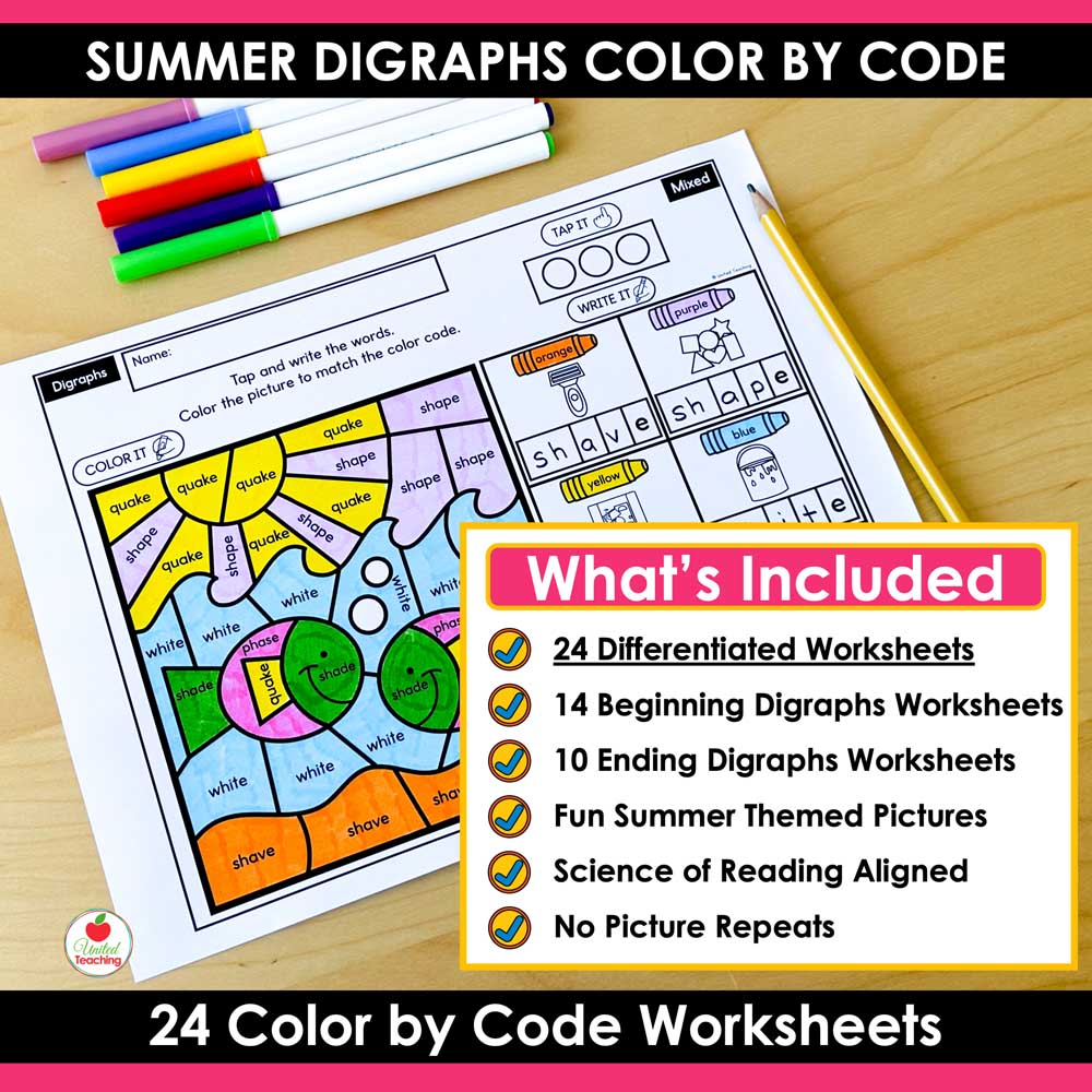 What's included in the Digraphs Summer Color by Code Worksheets packet