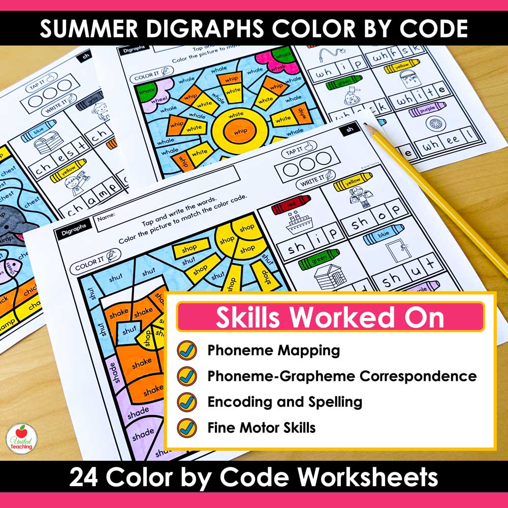 Skills worked on by the Digraphs Summer Color by Code Worksheets