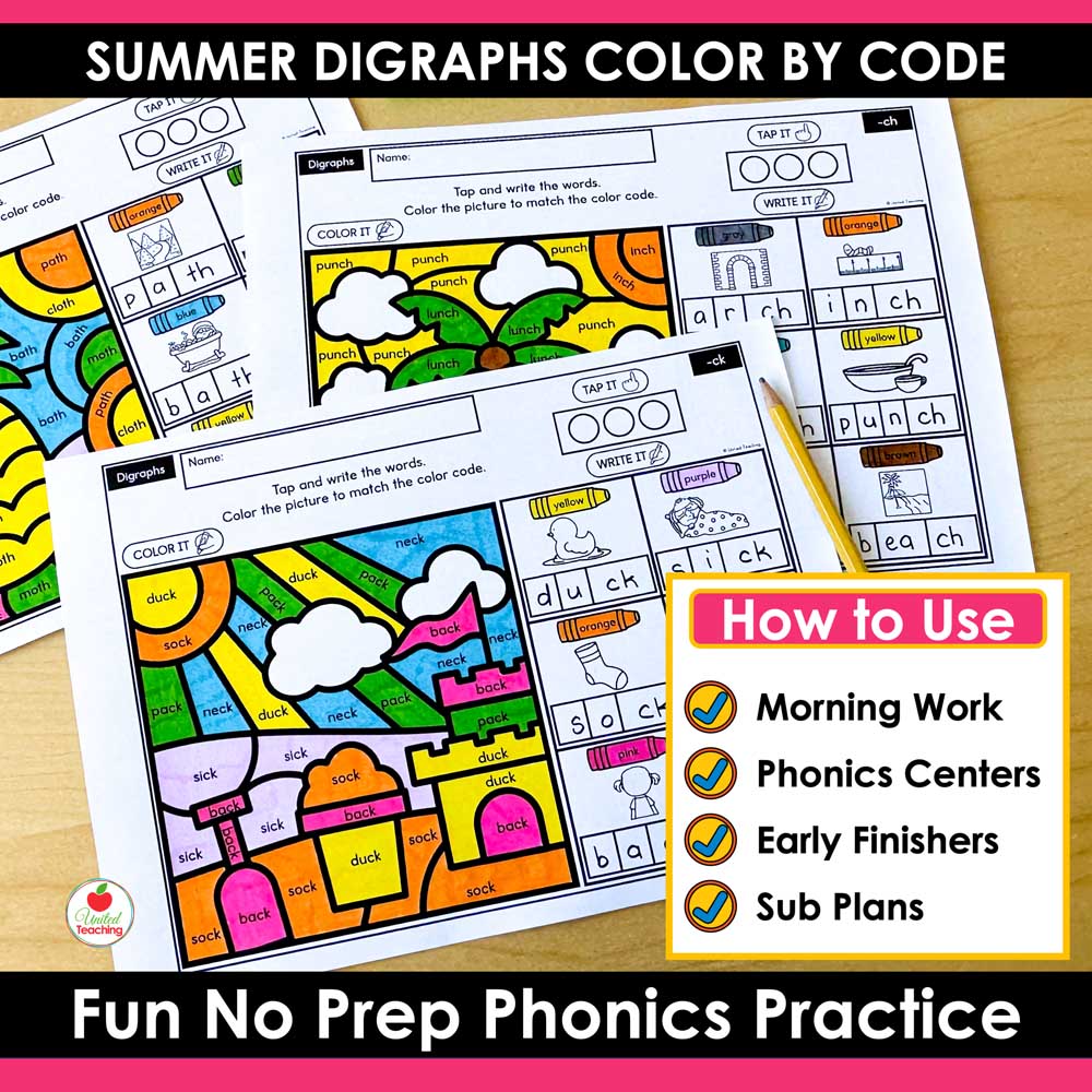 How to use the Digraphs Summer Color by Code Worksheets
