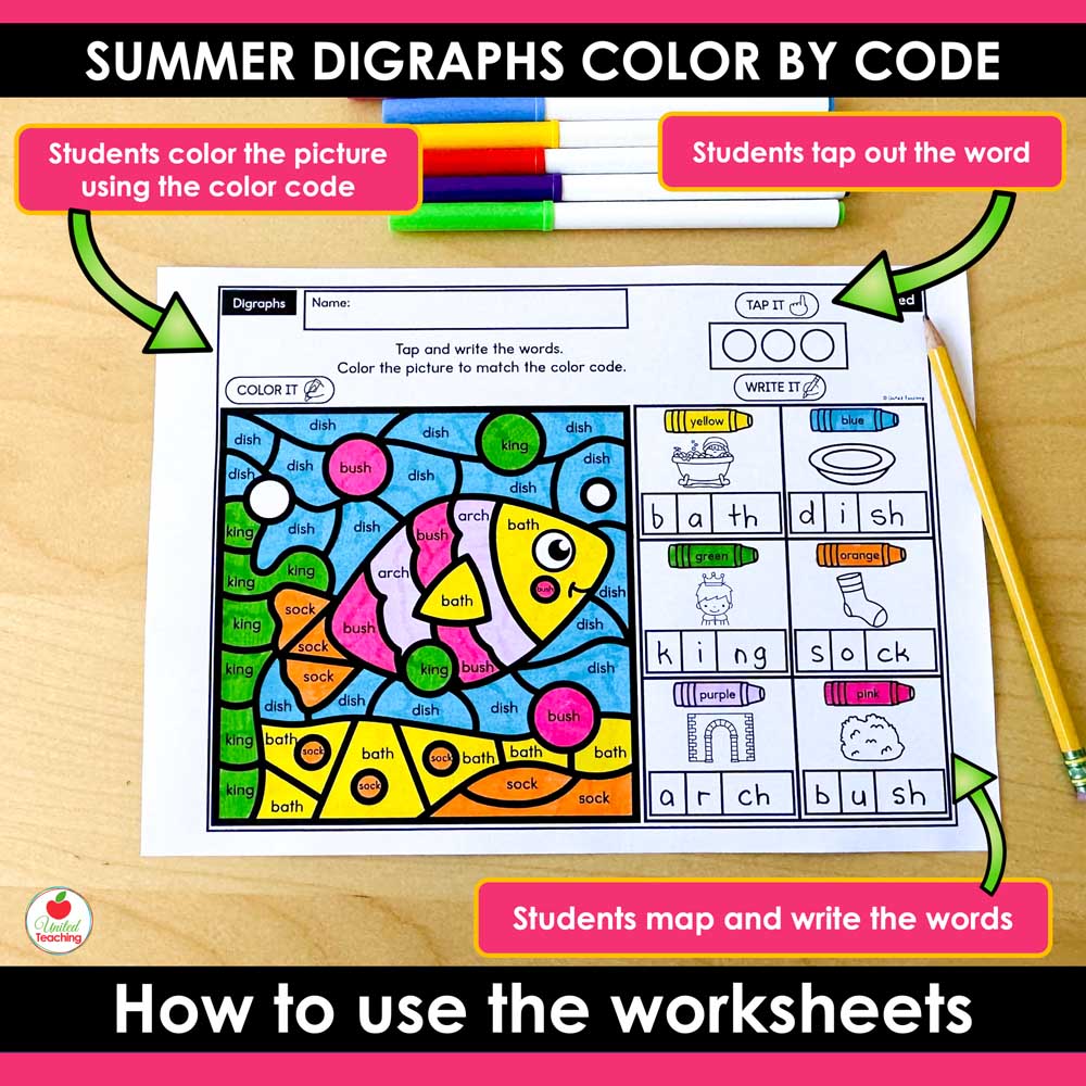 Digraphs Summer Color by Code Worksheet features