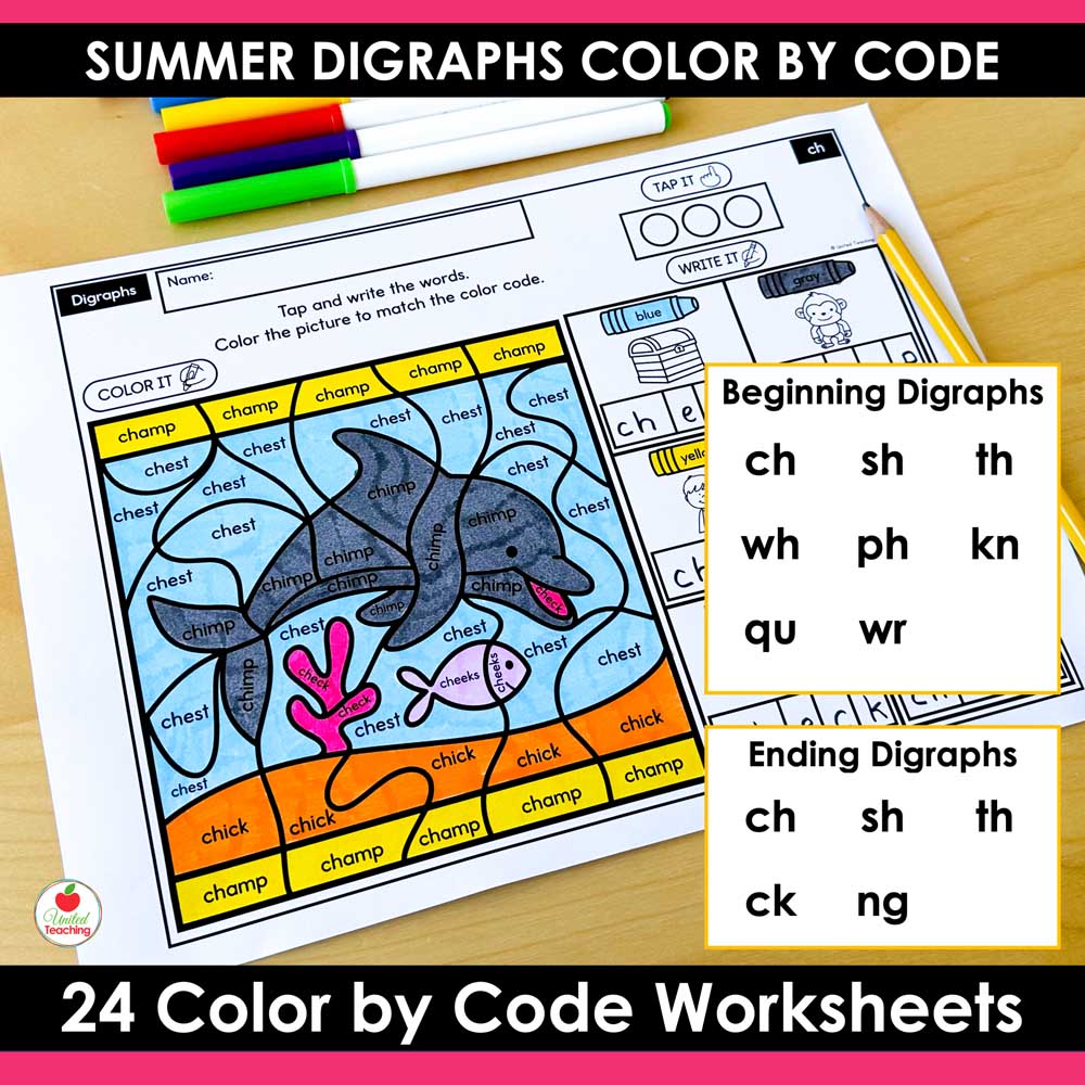 Digraphs covered by the Digraphs Summer Color by Code Worksheets