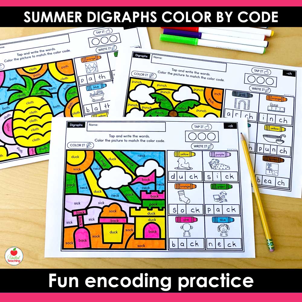 Digraphs Summer Color by Code Worksheets