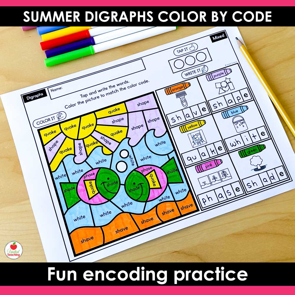 Digraphs Summer Color by Code Worksheet