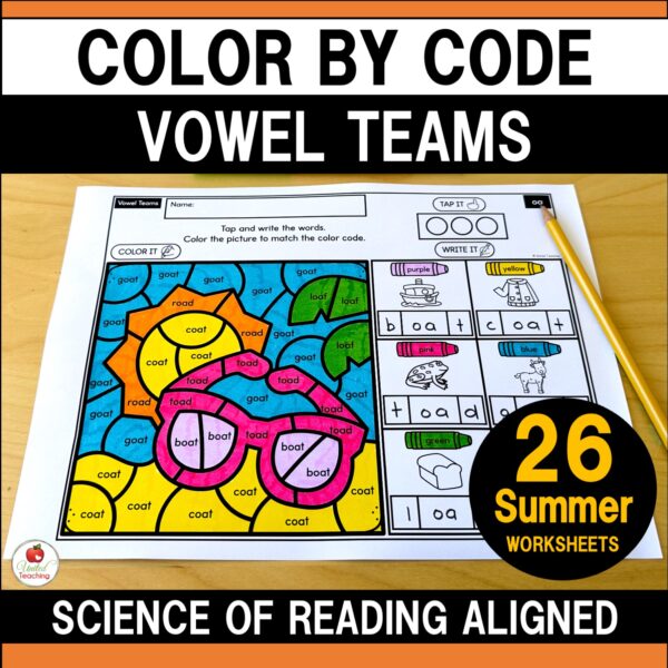 Vowel Teams Color by Code Summer Worksheets Packet Cover