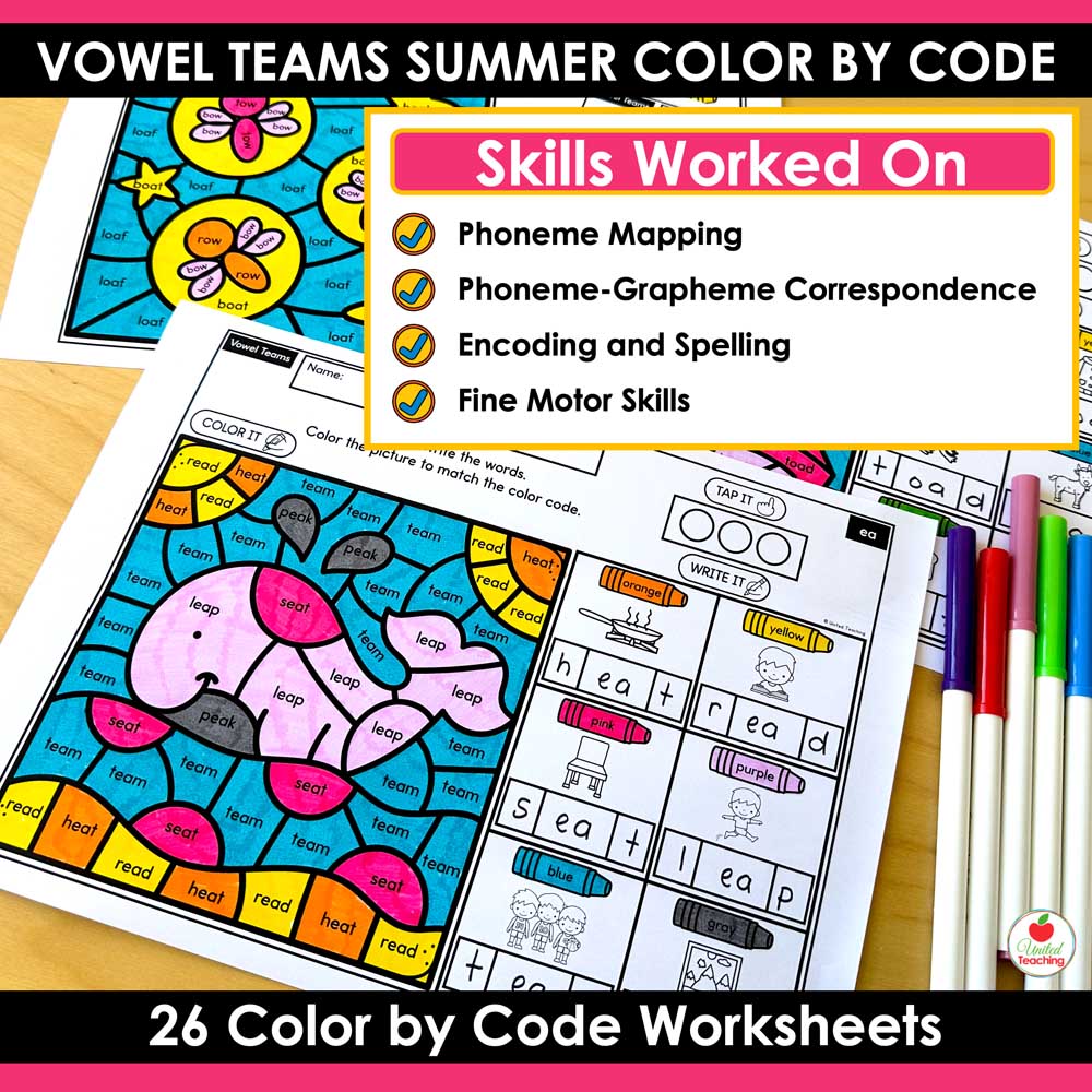 Skills worked on by the Vowel Teams Summer Color by Code Worksheets